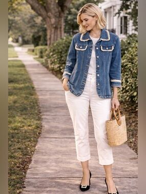 LIVE A LITTLE Eyelet Lace Trimmed Cottagecore  Jean Jacket Size Large